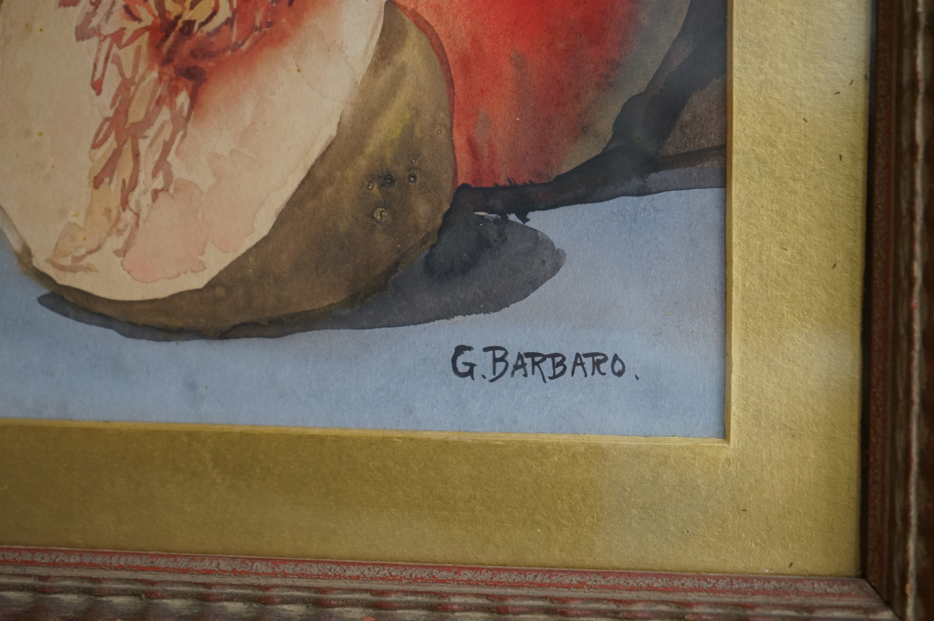 Giovanni Barbaro (1864-1915), watercolour, Still life of fruit and a delft vase, 30 x 77cm